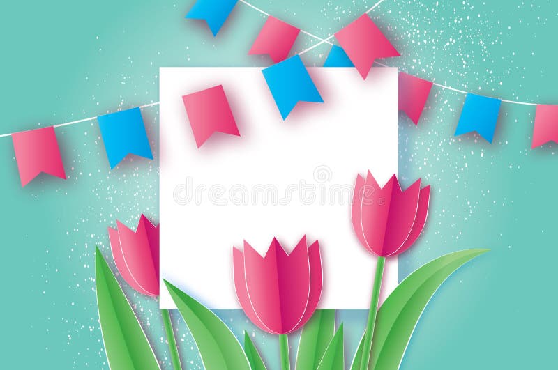 Pink Tulips. Paper cut flower. 8 March. Women`s Day. Square frame