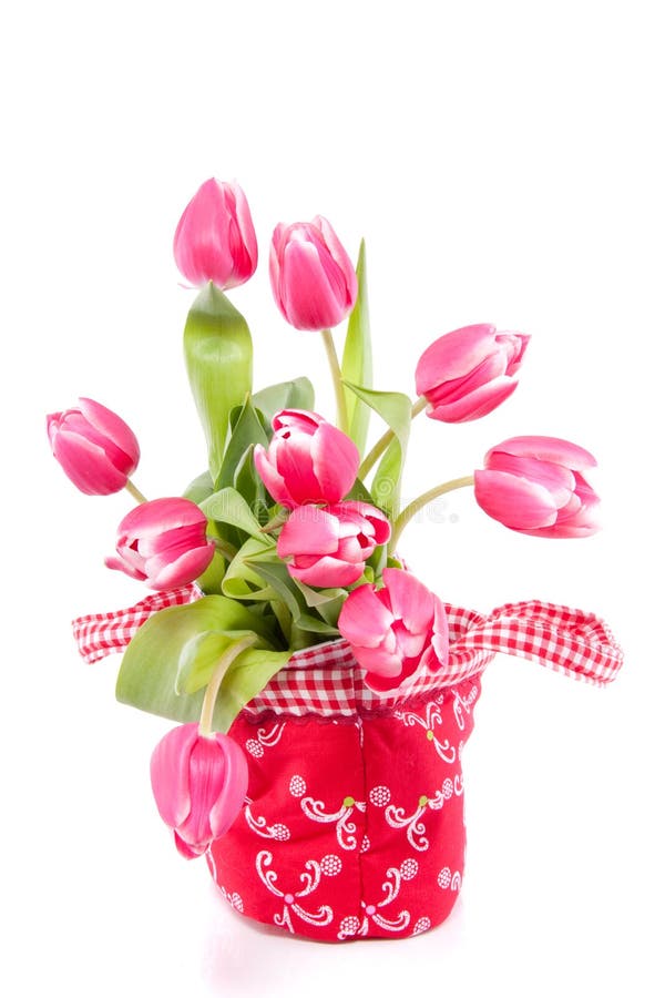 Pink tulips in a red bag