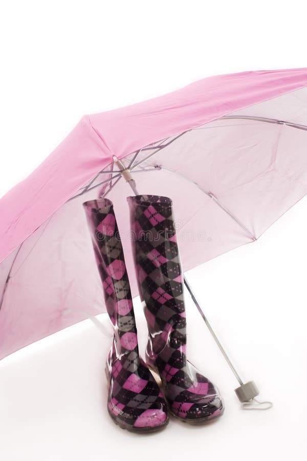 Pink Umbrella And Rain Boots. Stock Photo Image of boots, gear 17171922
