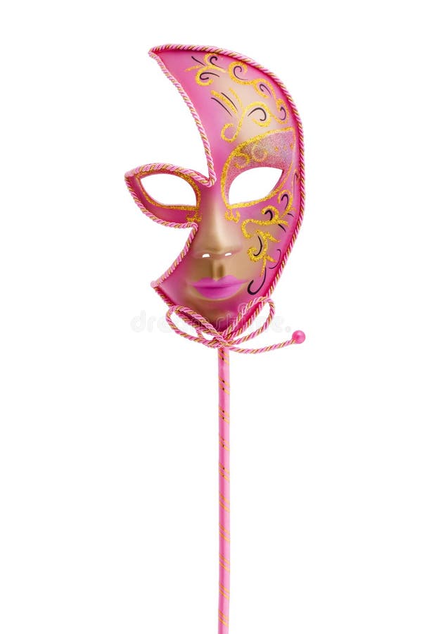 One pink isolated theatre Venetian mask with stick. One pink isolated theatre Venetian mask with stick