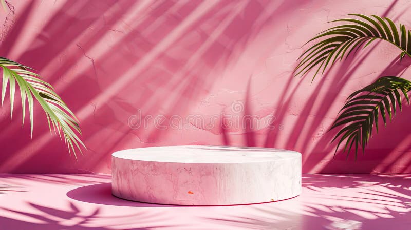 A pink wall with palm trees and a round table royalty free stock photography