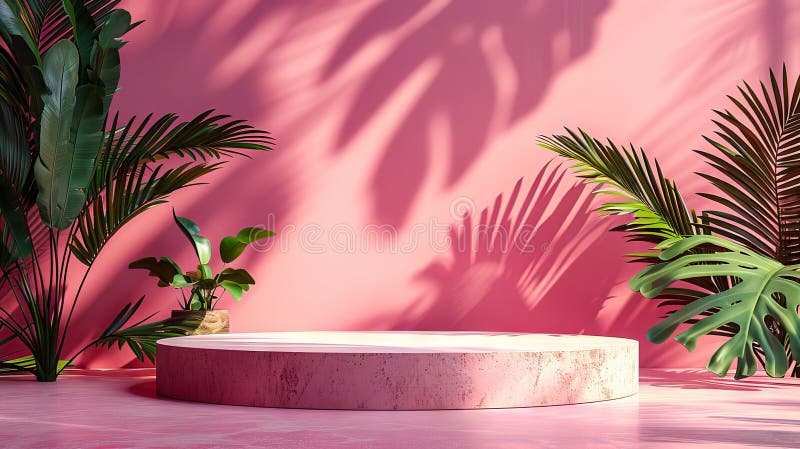A pink wall with palm trees and a round table royalty free stock photos
