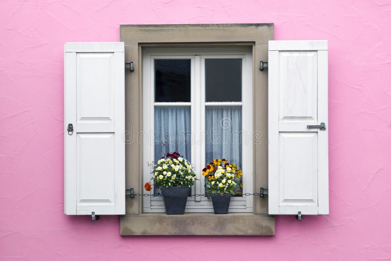 Pink Wall with Window with Shutters and Flower Pots Stock Image Image