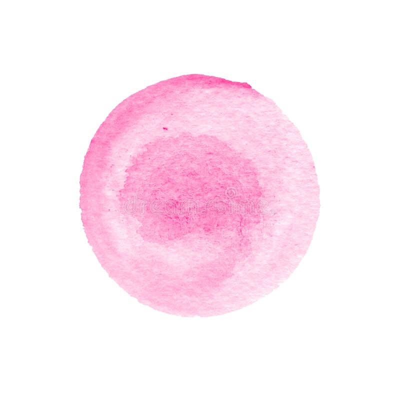 Pink watercolor circle isolated on white. Abstract round background. Red watercolour stains texture. Hand drawn purple spot. Real watercolor texture.