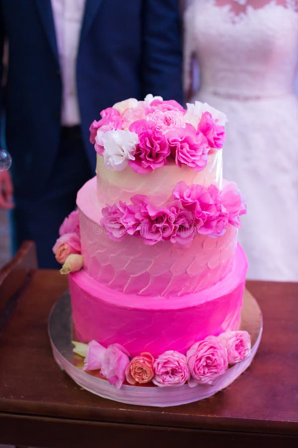 Pink Wedding Cake with Fresh Flowers. Ombre Stock Photo Image of