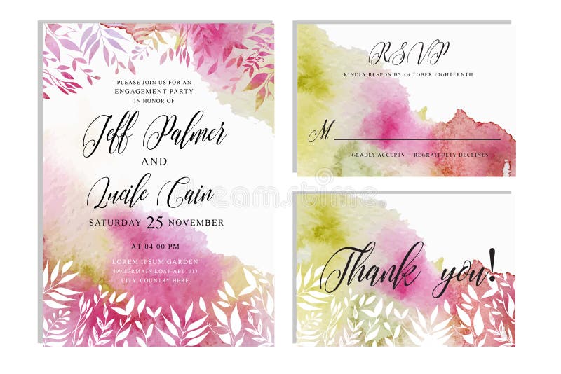 Pink wedding set with hand drawn floral watercolor background. Includes Invintation, rsvp and thank you cards templates. stock illustration Pink wedding set with hand drawn floral watercolor background. Includes Invintation, rsvp and thank you cards templates. stock illustration