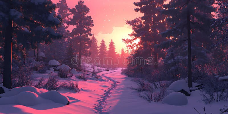 Pink Winter Sunset Forest Stunning Image royalty free illustration