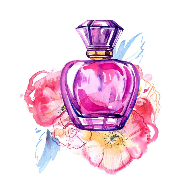 Pink women perfume bottle with roses on background. Hand drawn stylized watercolor illustration