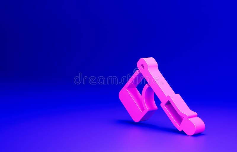 Pink Wooden axe icon isolated on blue background. Lumberjack axe. Happy Halloween party. Minimalism concept. 3D render illustration.