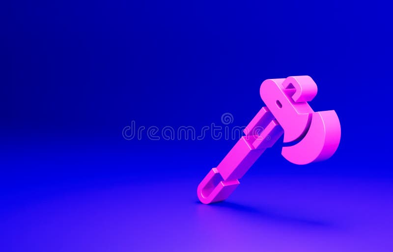 Pink Wooden axe icon isolated on blue background. Lumberjack axe. Minimalism concept. 3D render illustration.