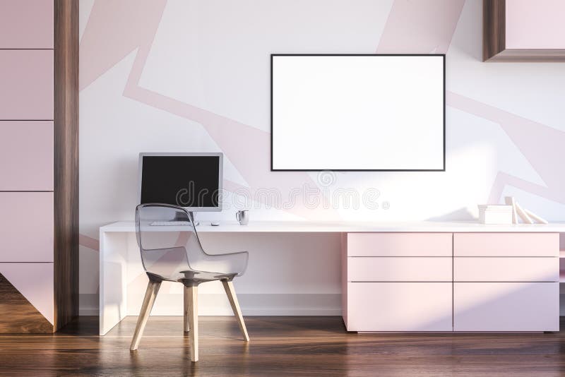 Pink and wooden home office interior, poster. Interior of home office with white and pink walls, white and pink computer table with transparent chair and royalty free stock photography