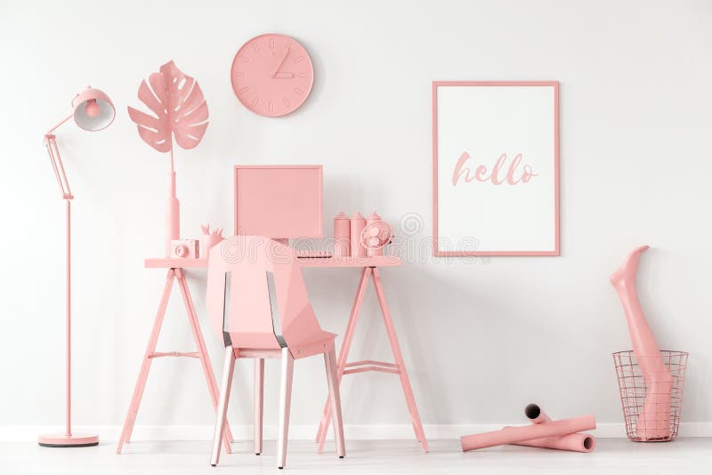 Pink Workspace Concept Mockup Soft Pink Teenage Room Workspace Interior Concept Designer Decor White Walls Mockup 113740329 