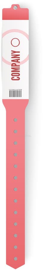 Pink wristband with adjustable closure, featuring company logo, barcode, and space for additional information, designed royalty free stock photo