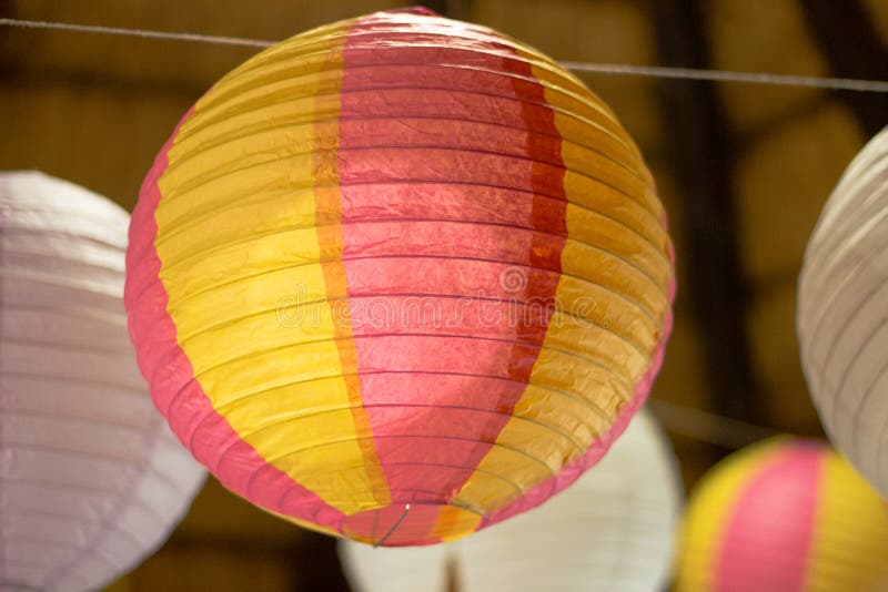 Pink and yellow decorational ball hanging stock images Pink and yellow decorational ball hanging stock images