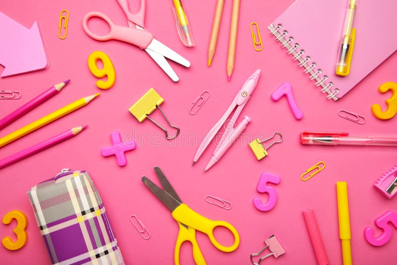 Pink and Yellow School Supplies on Pink Background. Back To School Concept  Stock Image - Image of calculator, book: 226065565