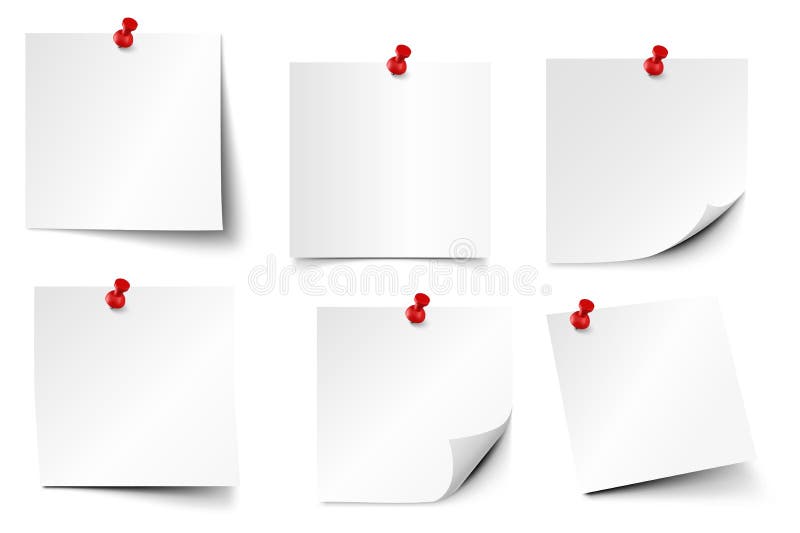 Pinned paper notes. Sticker papers, note on pin and notes board stickers realistic vector set. Notepaper attached with