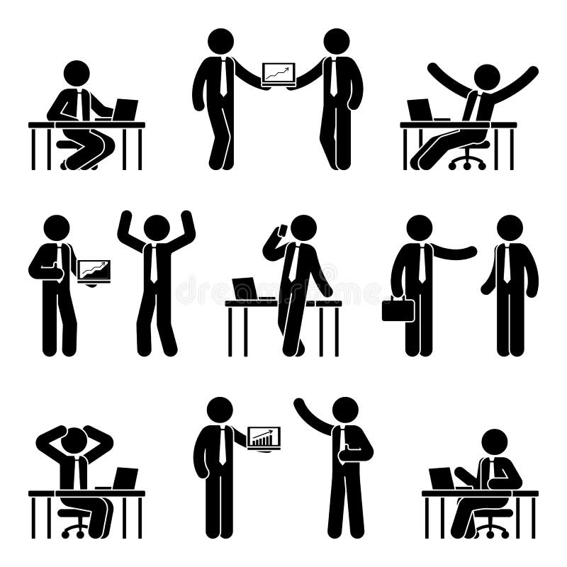 Pinnediagram uppsättning för symbol för affärsman Vektorillustration av mannen på arbetsplatsen som isoleras på vit vektor illustrationer