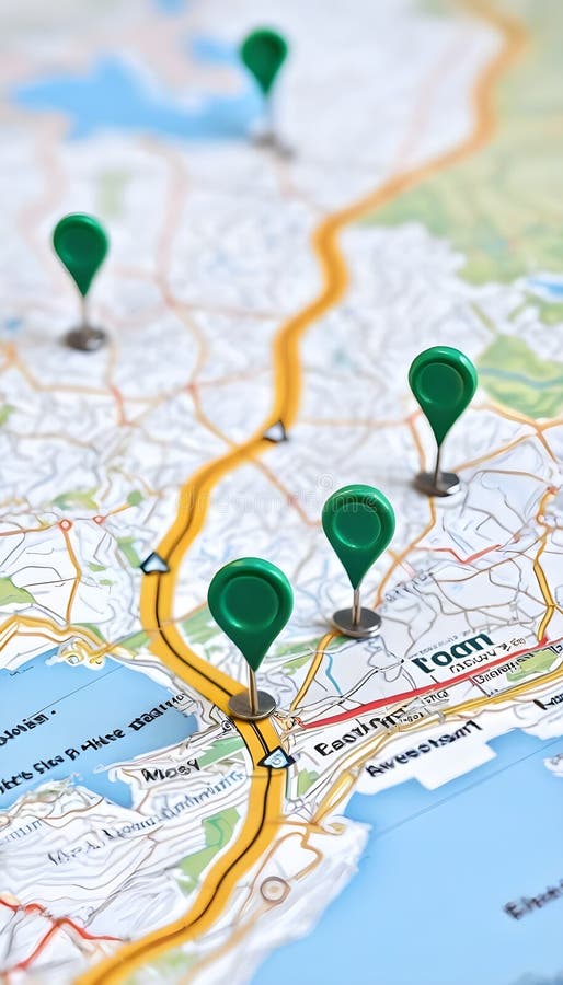 Pinning a Location on a Map of Geography that Includes Mountains Stock