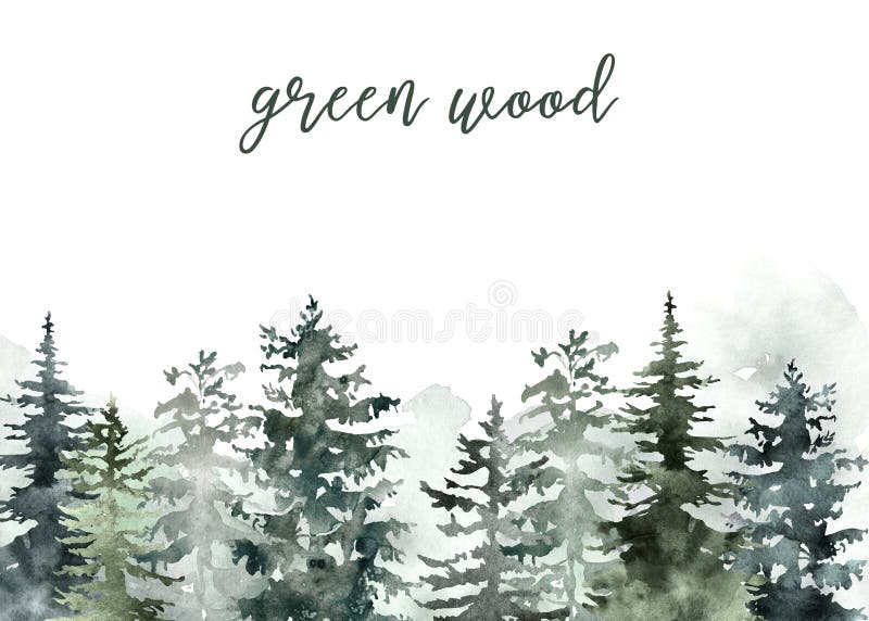 Pinos verdes pintados a mano y pintados de color agua paisaje sobre fondo blanco Diseño de tarjetas de Navidad