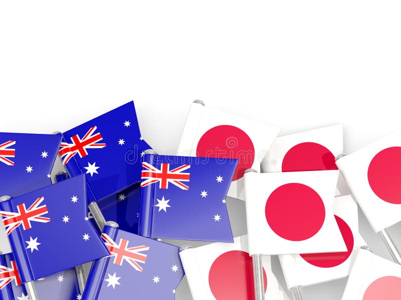 Pins with Flags of Australia and Japan Isolated on White Stock