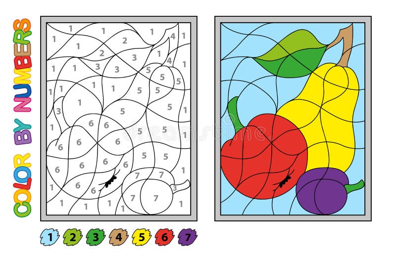 Pintamos Por Juego De Rompecabezas Para La Educación Infantil. Números Y Colores Para Dibujar Y Aprender Matemáticas. Ilustración del Vector - Ilustración alimento, sano: