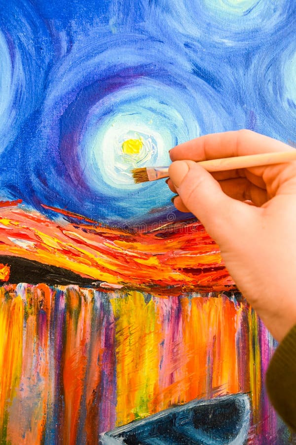 Painting brush, hand and oil canvas, artist`s hand, Painting Acrylic and Full spectrum on Cardboard, Van Gogh The Starry Night. Painting brush, hand and oil canvas, artist`s hand, Painting Acrylic and Full spectrum on Cardboard, Van Gogh The Starry Night