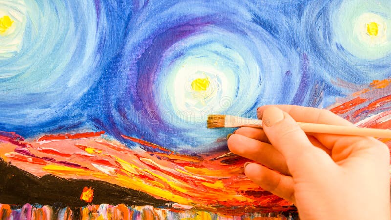 Painting brush, hand and oil canvas, artist`s hand, Painting Acrylic and Full spectrum on Cardboard, Van Gogh The Starry Night. Painting brush, hand and oil canvas, artist`s hand, Painting Acrylic and Full spectrum on Cardboard, Van Gogh The Starry Night