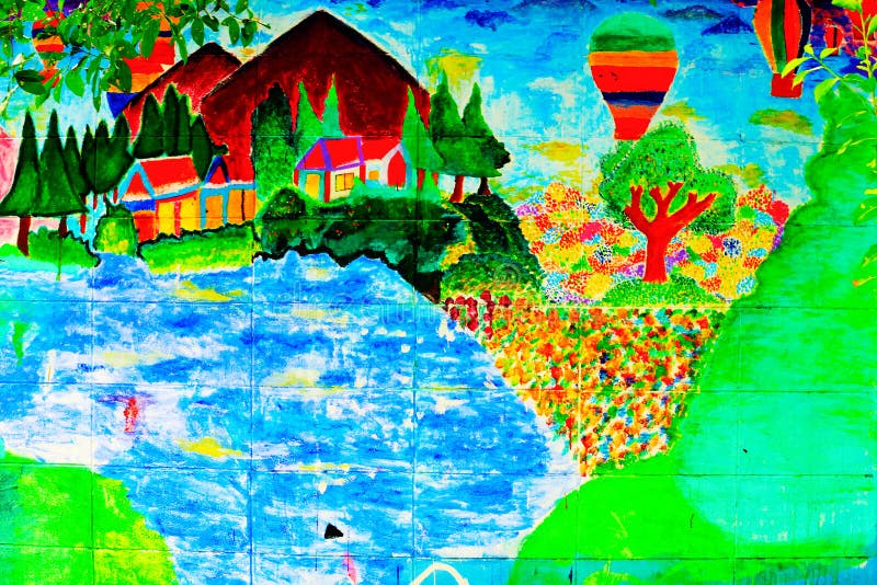 Pinte a casa pequena no muro de cimento velho ilustração do vetor