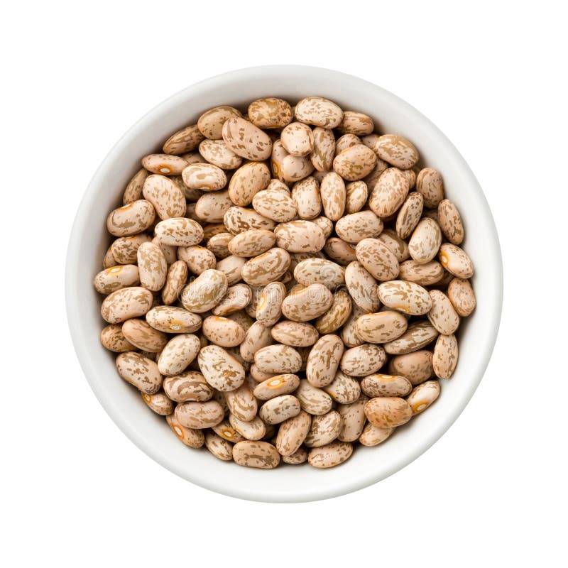 Overhead View of Pinto Beans in a Ceramic Bowl. Rich in fiber and nutrition. The image is a cut out, isolated on a white background, with a clipping path. The isolation is on a transparent background in the PNG format.