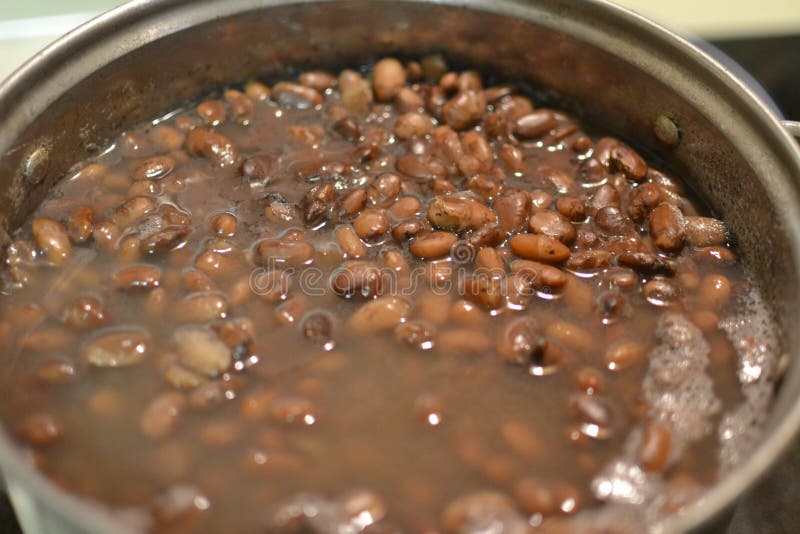 A pot of brown pinto beams simmering in water on the stove. A pot of brown pinto beams simmering in water on the stove.