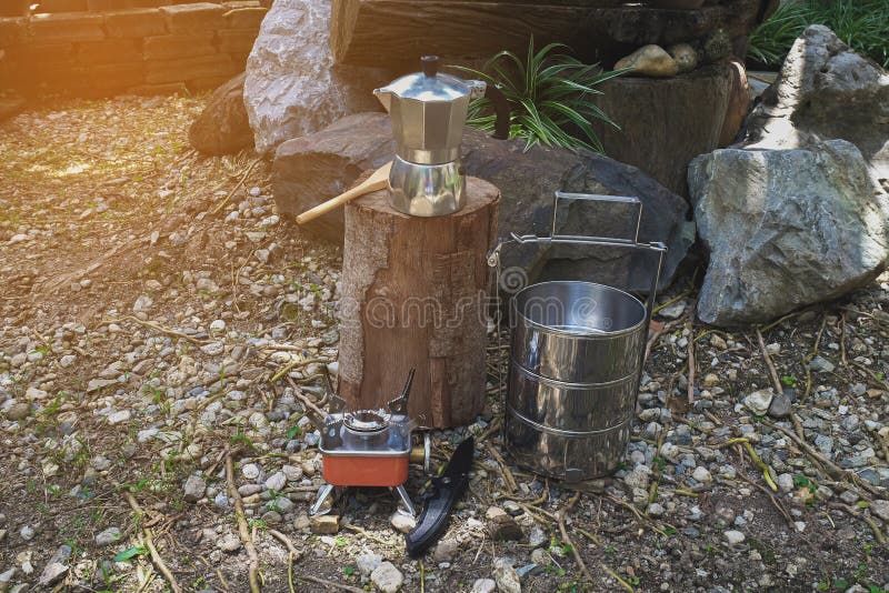Pinto Name of Camping Pot for Cooking with Moka Pot Coffee Maker Stock