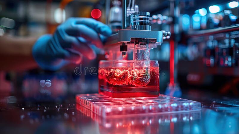 Pintor de biología 3d. un bioprinter exploratorio 3d para la impresión 3d de células. conceptos de ingeniería de biomateriales stock de ilustración