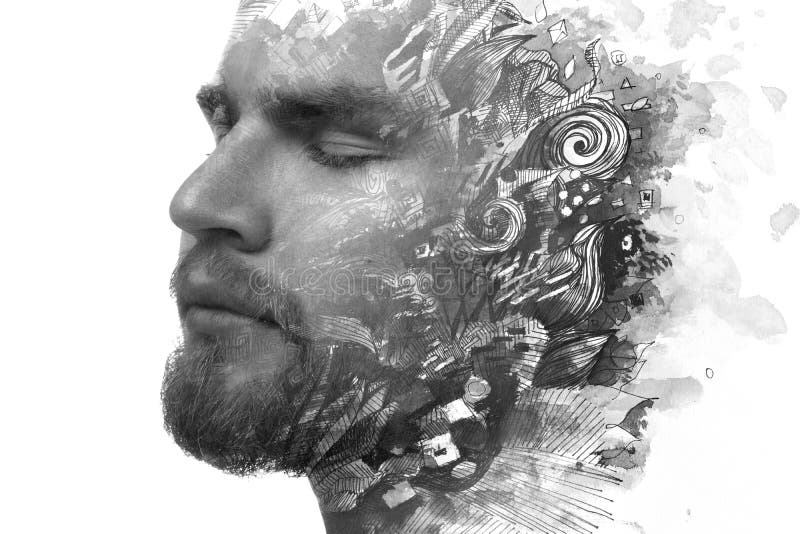 Pintoresca. concepto de salud mental representado en un retrato inusual. una combinación de pintura y un retrato dramático de un modelo masculino.
