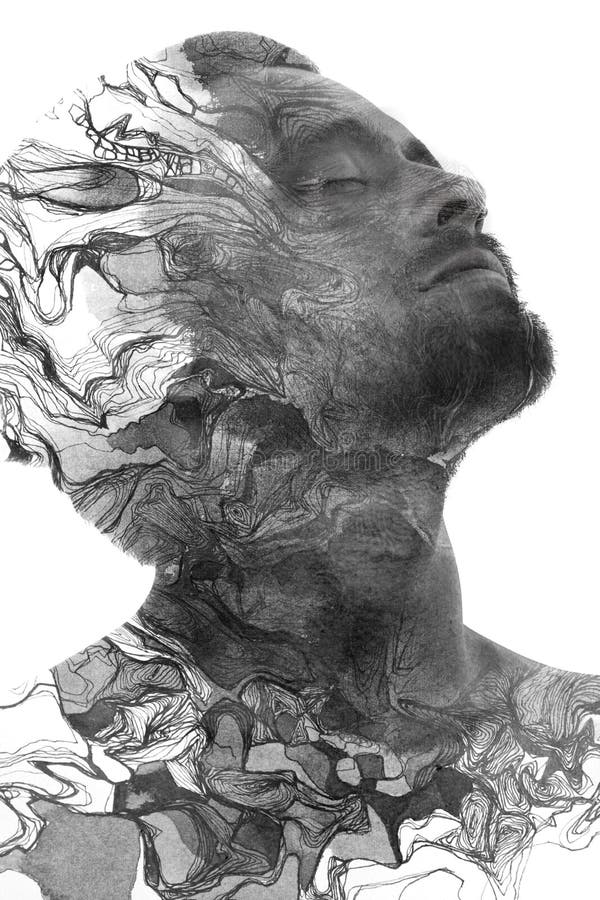 Pintoresca. exposición doble de un modelo masculino atractivo combinado con pinturas de líneas onduladas a mano en blanco y negro