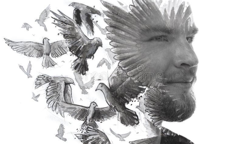 Pintoresca. retrato creativo de un joven combinado con una pintura acuarela de aves voladoras. foto de archivo