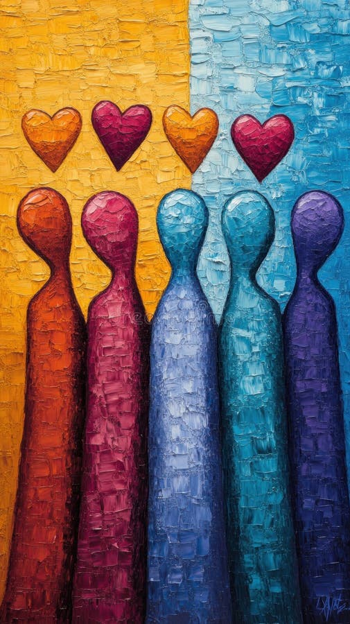 Pintura abstracta de seis figuras sin rostro en colores vivos con corazones por encima de ai imagen de archivo libre de regalías
