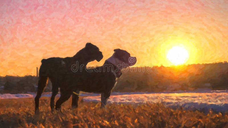 Pintura abstracta donde dos perros en la puesta del sol nosotros ` con referencia a mirar la belleza de la naturaleza imagenes de archivo Pintura abstracta donde dos perros en la puesta del sol nosotros ` con referencia a mirar la belleza de la naturaleza imagenes de archivo