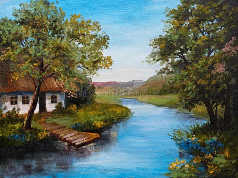 Pintura al óleo - cortijo cerca azul del río, río, cielo azul