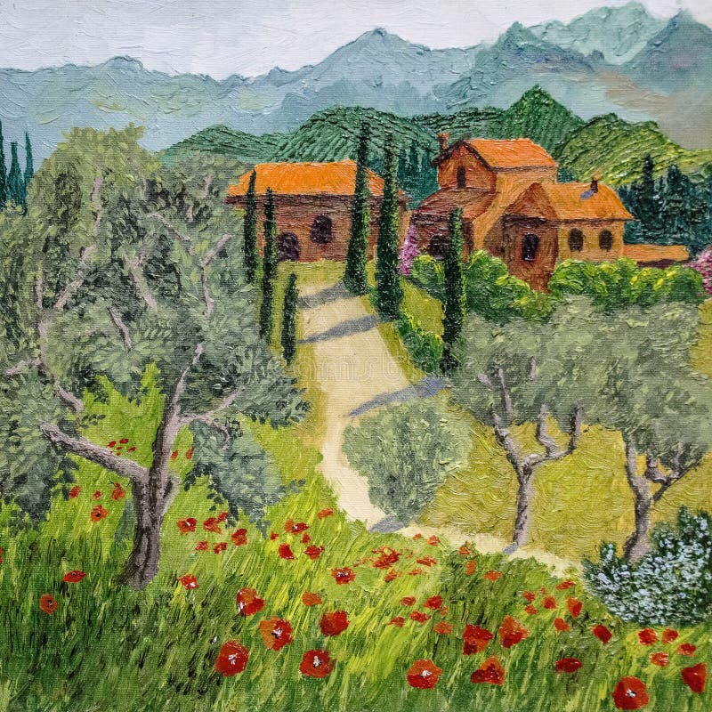 Pintura al óleo del paisaje toscano - dios está en detalles ilustración del vector Pintura al óleo del paisaje toscano - dios está en detalles ilustración del vector
