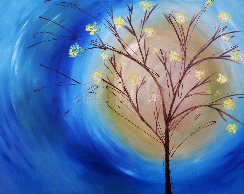 Pintura al óleo del árbol contra el cielo azul ilustración del vector Pintura al óleo del árbol contra el cielo azul ilustración del vector