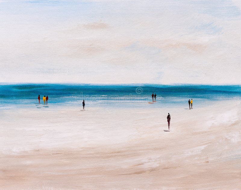 Pintura al óleo vista abstracta de la gente relajándose en la playa