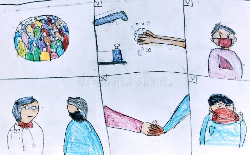 Pintura colorida sobre a proteção contra o vírus da corona pelas crianças no jornal. pintura manual e manchas.