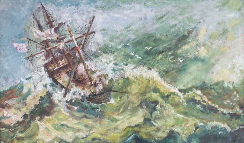 Pintura costera náutica de la nave del aceite del paisaje del viejo vintage ilustración del vector Pintura costera náutica de la nave del aceite del paisaje del viejo vintage ilustración del vector