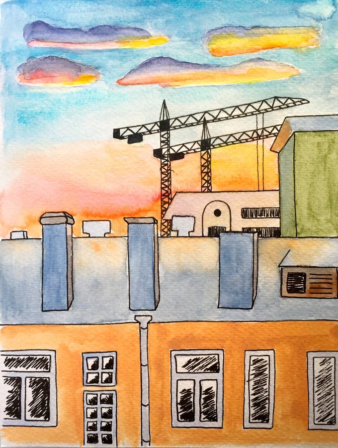 A pintura da aquarela com pena da tinta alinha a paisagem da cidade - casas e guindastes das construções - durante o por do sol ilustração royalty free A pintura da aquarela com pena da tinta alinha a paisagem da cidade - casas e guindastes das construções - durante o por do sol ilustração royalty free