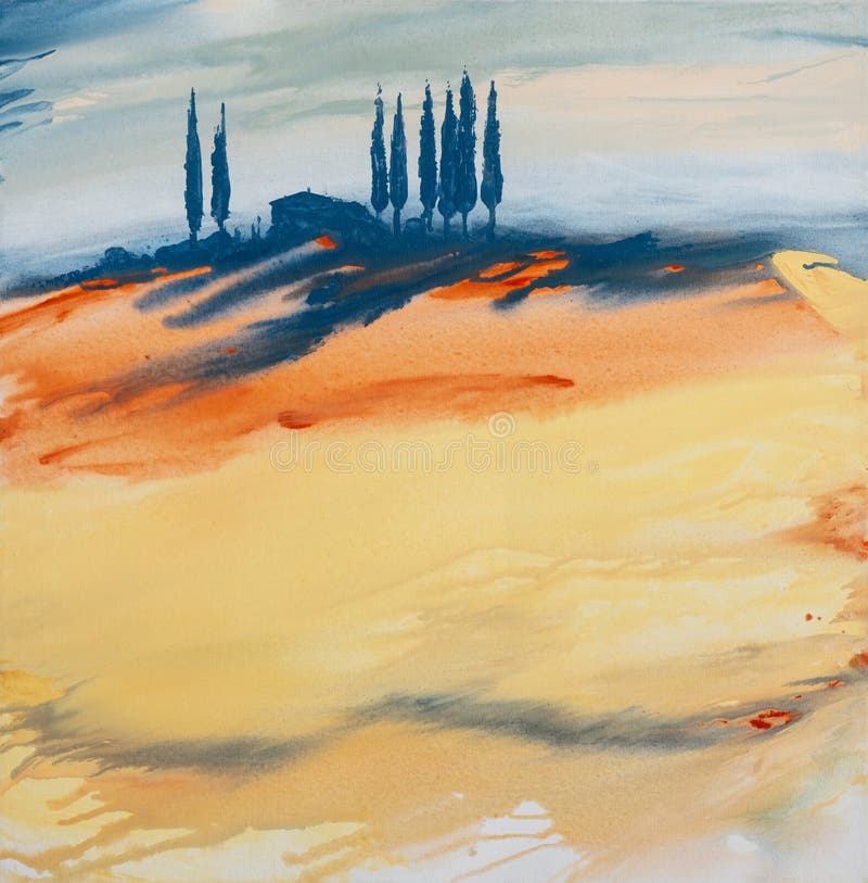 Pintura de acrílico de un paisaje toscano colorido amarillo, anaranjado, azul coloreado con la casa, de árboles y de cipreses c libre illustration Pintura de acrílico de un paisaje toscano colorido amarillo, anaranjado, azul coloreado con la casa, de árboles y de cipreses c libre illustration