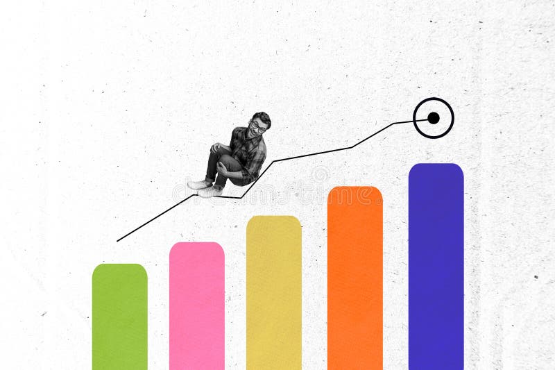 Pintura de collage creativa que muestra las tendencias del diseño gráfico moderno con un gráfico de barras colorido y una persona foto de archivo libre de regalías