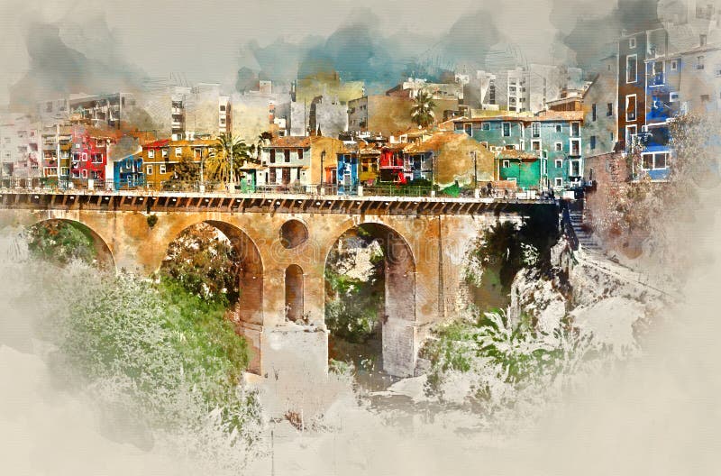 Pintura de la acuarela de Digitaces de Villajoyosa/de la ciudad de Vila Joiosa del La stock de ilustración Pintura de la acuarela de Digitaces de Villajoyosa/de la ciudad de Vila Joiosa del La stock de ilustración