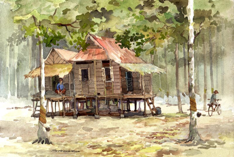 Pintura de la acuarela de la aldea ilustración del vector Pintura de la acuarela de la aldea ilustración del vector