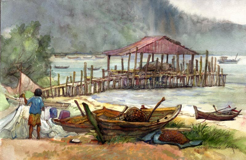 Pintura de la acuarela de la aldea stock de ilustración Pintura de la acuarela de la aldea stock de ilustración