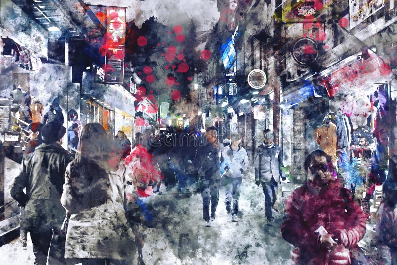 Pintura de la acuarela de Digitaces de la calle en ciudad con la gente que camina en tono oscuro fotos de archivo libres de regalías Pintura de la acuarela de Digitaces de la calle en ciudad con la gente que camina en tono oscuro fotos de archivo libres de regalías